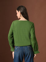 Thumbnail for Myshka Women Pure Cotton Top Puffed Full Sleeves Schiffli Pattern Embroidered Waist Tie-up Style