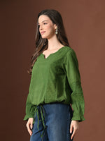 Thumbnail for Myshka Women Pure Cotton Top Puffed Full Sleeves Schiffli Pattern Embroidered Waist Tie-up Style