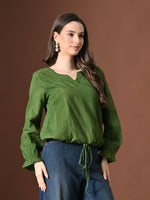 Thumbnail for Myshka Women Pure Cotton Top Puffed Full Sleeves Schiffli Pattern Embroidered Waist Tie-up Style