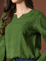 Thumbnail for Myshka Women Pure Cotton Top Puffed Full Sleeves Schiffli Pattern Embroidered Waist Tie-up Style