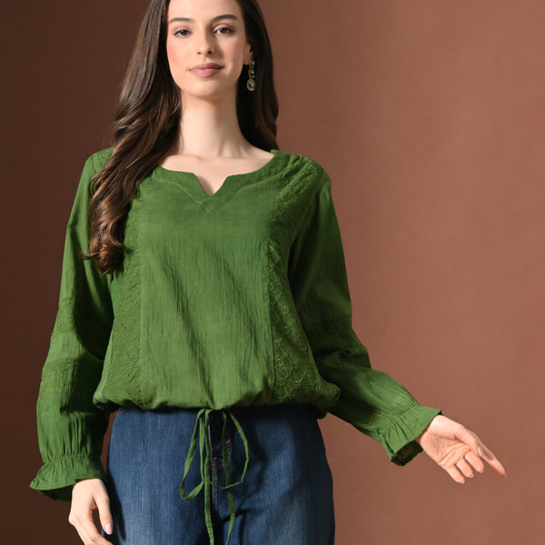 Myshka Women Pure Cotton Top Puffed Full Sleeves Schiffli Pattern Embroidered Waist Tie-up Style