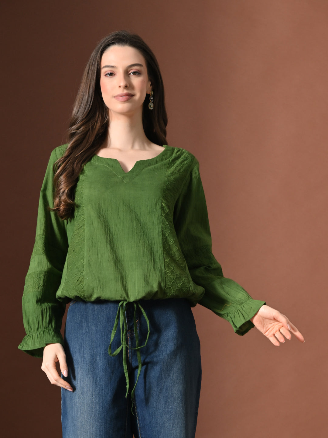 Myshka Women Pure Cotton Top Puffed Full Sleeves Schiffli Pattern Embroidered Waist Tie-up Style