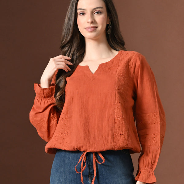 Myshka Women Pure Cotton Top Puffed Full Sleeves Schiffli Pattern Embroidered Tie-up Style - Distacart