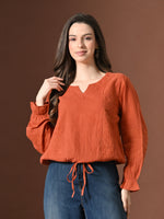 Thumbnail for Myshka Women Pure Cotton Top Puffed Full Sleeves Schiffli Pattern Embroidered Tie-up Style - Distacart