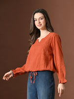 Thumbnail for Myshka Women Pure Cotton Top Puffed Full Sleeves Schiffli Pattern Embroidered Tie-up Style - Distacart