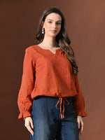 Thumbnail for Myshka Women Pure Cotton Top Puffed Full Sleeves Schiffli Pattern Embroidered Tie-up Style - Distacart