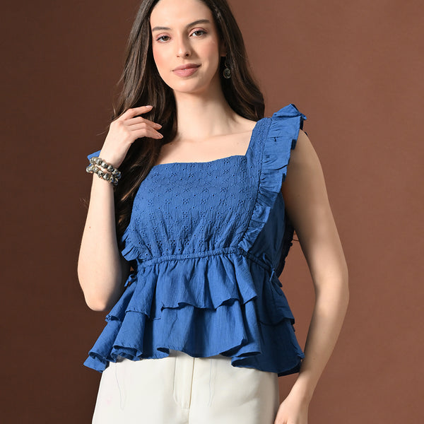 Myshka Women Pure Cotton Top Flared Sleeves Schiffli Pattern Embroidered Layered