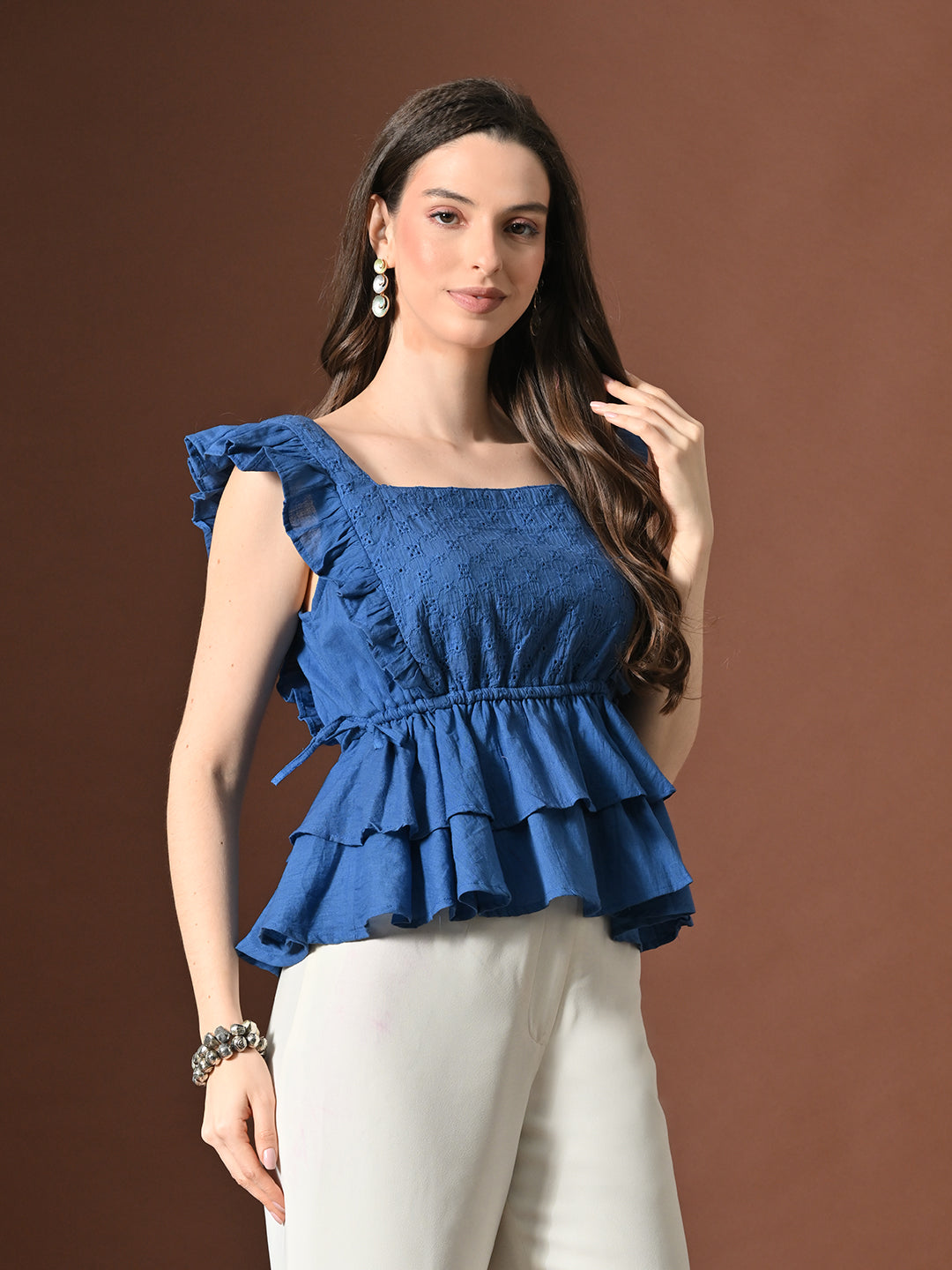 Myshka Women Pure Cotton Top Flared Sleeves Schiffli Pattern Embroidered Layered