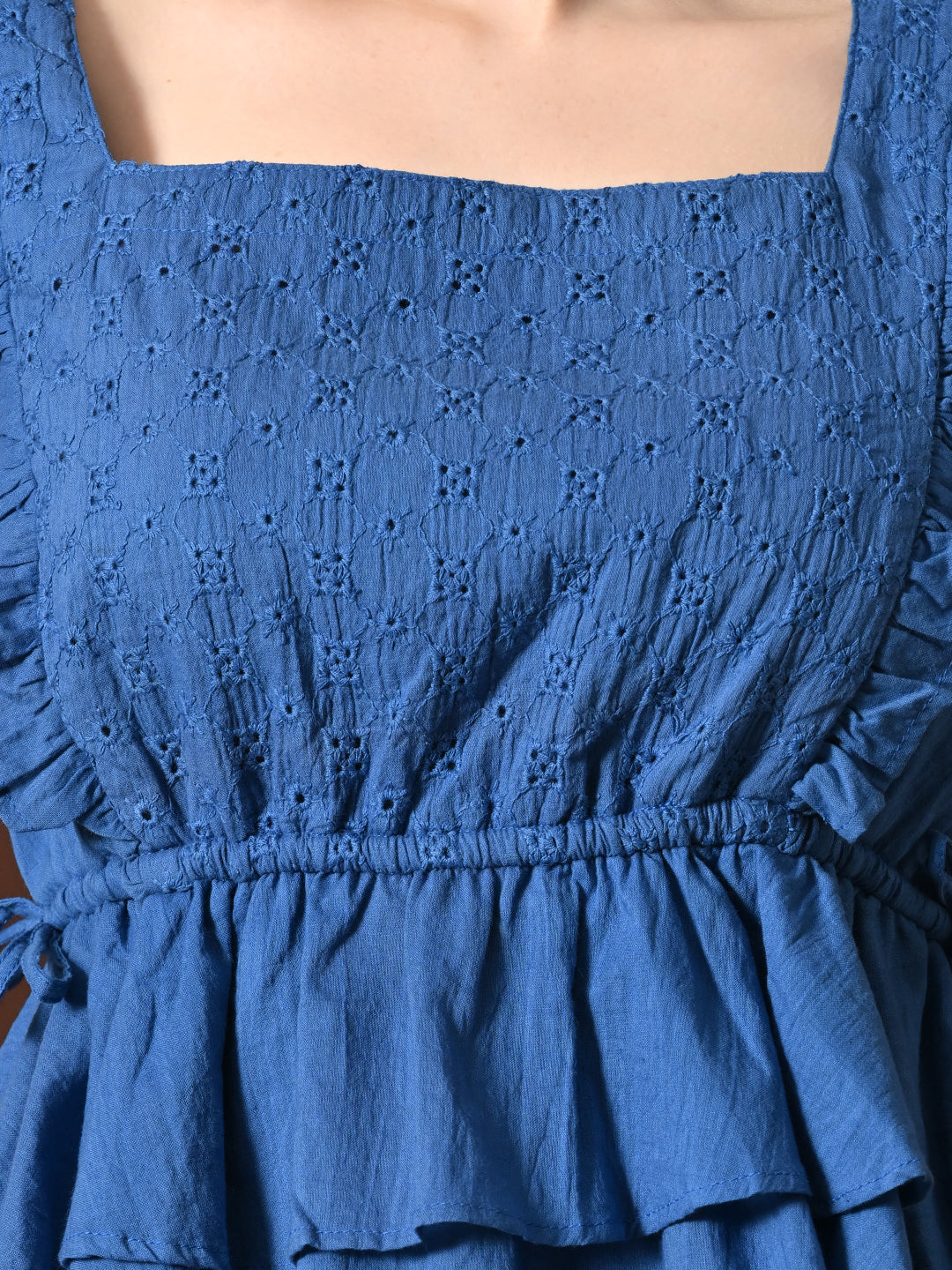 Myshka Women Pure Cotton Top Flared Sleeves Schiffli Pattern Embroidered Layered