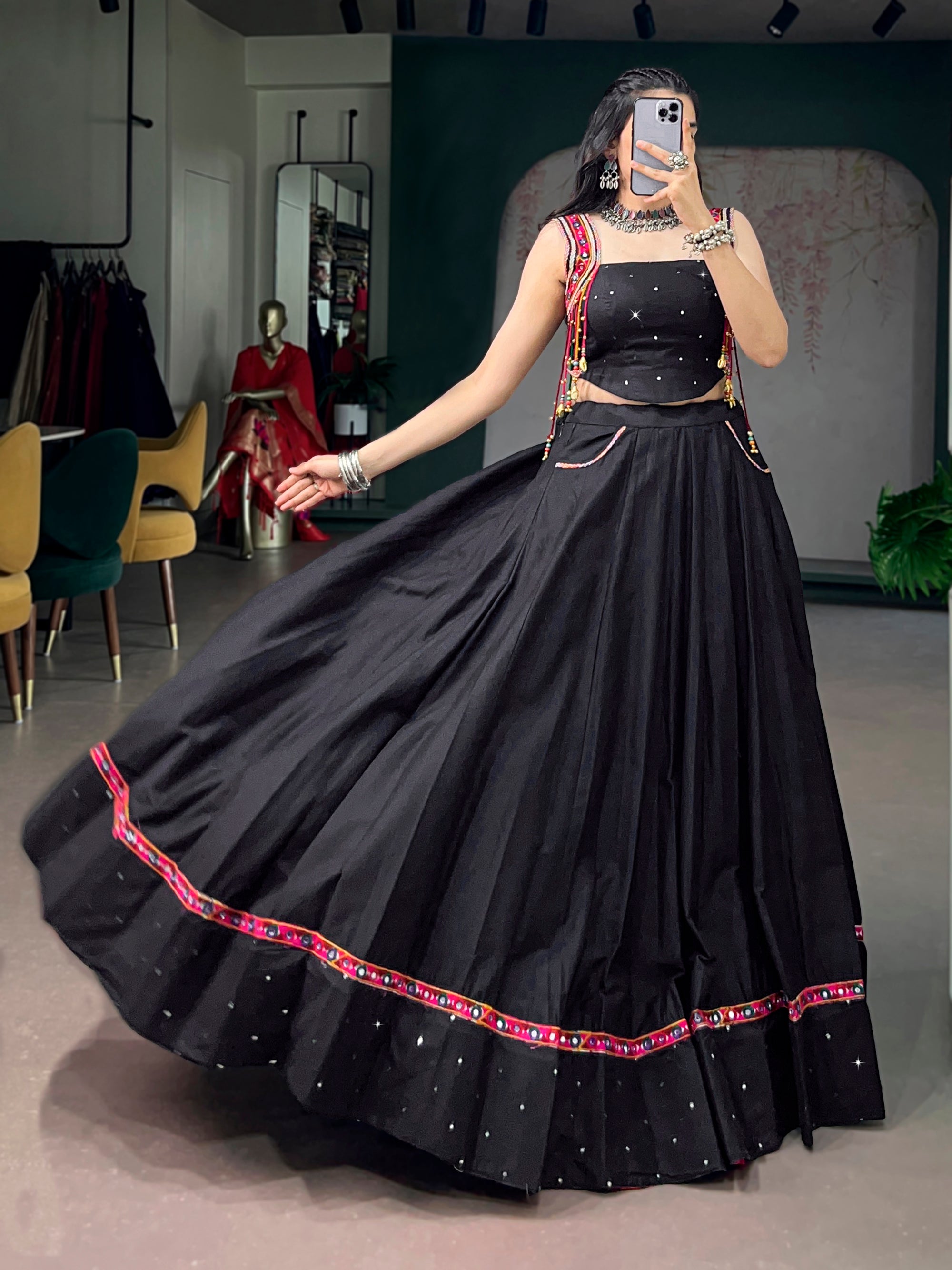 Lorenvalley Fashion Black Cotton With Mirror Work And Kutchi Lace & Multicolor Handmade Tassel Lehenga Choli - Dista