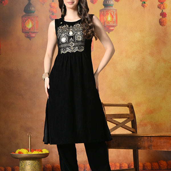 Myshka Women Black Velvet Embroidered Yoke Sleeveless Kurta Set
