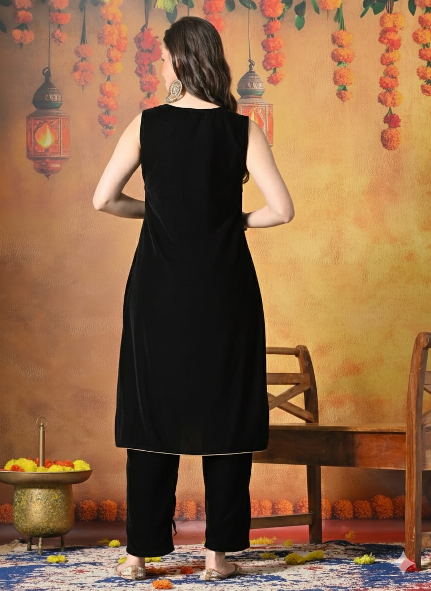 Myshka Women Black Velvet Embroidered Yoke Sleeveless Kurta Set