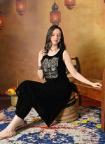 Thumbnail for Myshka Women Black Velvet Embroidered Yoke Sleeveless Kurta Set