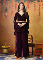 Thumbnail for Myshka Women Wine Velvet Flared Sleeves Kurta Set