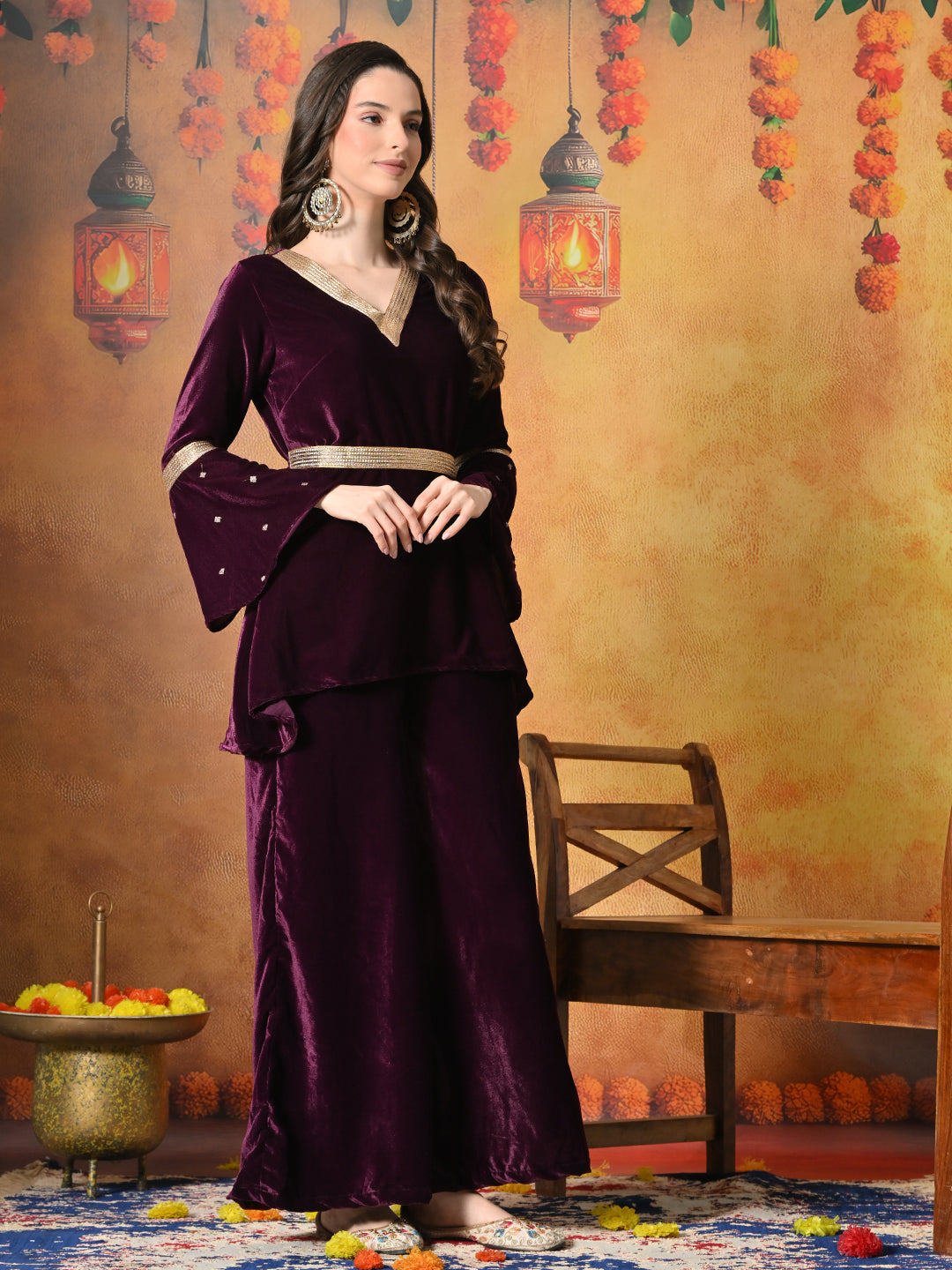 Myshka Women Wine Velvet Flared Sleeves Kurta Set - Distacart