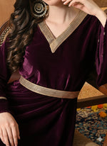 Thumbnail for Myshka Women Wine Velvet Flared Sleeves Kurta Set