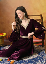 Thumbnail for Myshka Women Wine Velvet Flared Sleeves Kurta Set