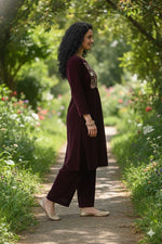 Thumbnail for Myshka Women Wine Velvet Embroidered Full Sleeve Kurta With Trouser - Distacart