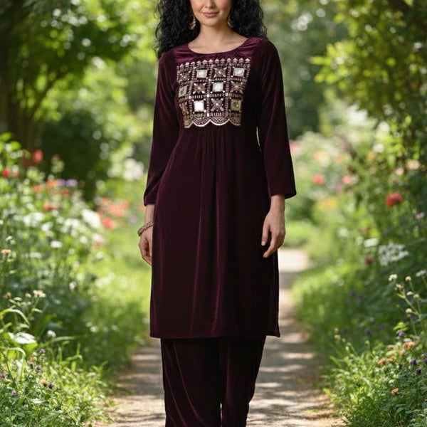 Myshka Women Wine Velvet Embroidered Full Sleeve Kurta With Trouser - Distacart