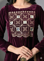 Thumbnail for Myshka Women Wine Velvet Embroidered Full Sleeve Kurta With Trouser - Distacart