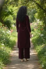 Thumbnail for Myshka Women Wine Velvet Embroidered Full Sleeve Kurta With Trouser - Distacart