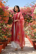 Thumbnail for Myshka Women Red Sleeveless Kurta, White Palazzo with Printed Organza Dupatta - Distacart