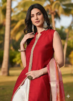 Thumbnail for Myshka Women Red Sleeveless Kurta, White Palazzo with Printed Organza Dupatta - Distacart