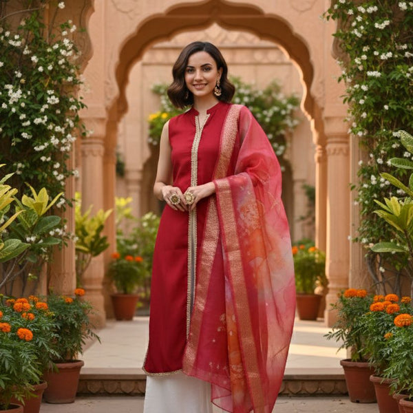 Myshka Women Red Sleeveless Kurta, White Palazzo with Printed Organza Dupatta - Distacart