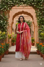 Thumbnail for Myshka Women Red Sleeveless Kurta, White Palazzo with Printed Organza Dupatta - Distacart