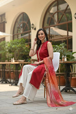 Thumbnail for Myshka Women Red Sleeveless Kurta, White Palazzo with Printed Organza Dupatta - Distacart