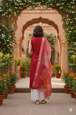 Thumbnail for Myshka Women Red Sleeveless Kurta, White Palazzo with Printed Organza Dupatta - Distacart
