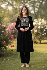 Thumbnail for Myshka Women Black Velvet Embroidered Full Sleeve Kurta With Trouser - Distacart