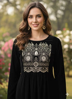 Thumbnail for Myshka Women Black Velvet Embroidered Full Sleeve Kurta With Trouser - Distacart