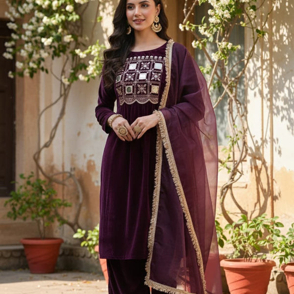 Myshka Women Wine Velvet Embroidered Full Sleeve Kurta Set with Organza Dupatta - Distacart