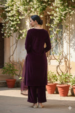 Thumbnail for Myshka Women Wine Velvet Embroidered Full Sleeve Kurta Set with Organza Dupatta - Distacart