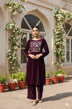 Thumbnail for Myshka Women Wine Velvet Embroidered Full Sleeve Kurta Set with Organza Dupatta - Distacart