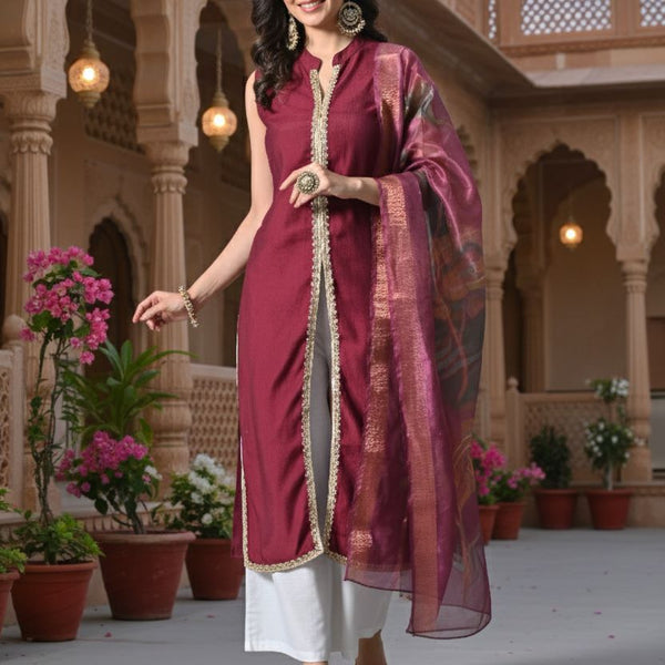Myshka Women Wine Sleeveless Kurta, White Palazzo with Printed Organza Dupatta - Distacart