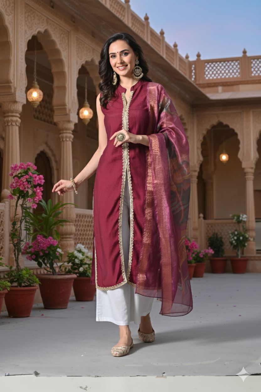 Myshka Women Wine Sleeveless Kurta, White Palazzo with Printed Organza Dupatta