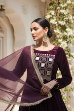 Thumbnail for Myshka Women Wine Velvet Embroidered Full Sleeve Kurta Set with Organza Dupatta - Distacart