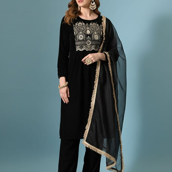 Myshka Women Black Velvet Embroidered Full Sleeve Kurta Set with Organza Dupatta - Distacart