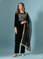 Thumbnail for Myshka Women Black Velvet Embroidered Full Sleeve Kurta Set with Organza Dupatta - Distacart
