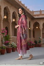 Thumbnail for Myshka Women Wine Sleeveless Kurta, White Palazzo with Printed Organza Dupatta - Distacart