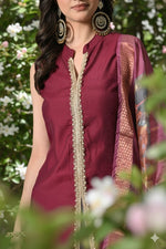 Thumbnail for Myshka Women Wine Sleeveless Kurta, White Palazzo with Printed Organza Dupatta - Distacart