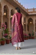 Thumbnail for Myshka Women Wine Sleeveless Kurta, White Palazzo with Printed Organza Dupatta - Distacart