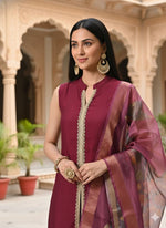 Thumbnail for Myshka Women Wine Sleeveless Kurta, White Palazzo with Printed Organza Dupatta - Distacart
