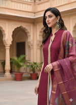 Thumbnail for Myshka Women Wine Sleeveless Kurta, White Palazzo with Printed Organza Dupatta - Distacart