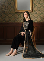 Thumbnail for Myshka Women Black Velvet Embroidered Full Sleeve Kurta Set with Organza Dupatta - Distacart
