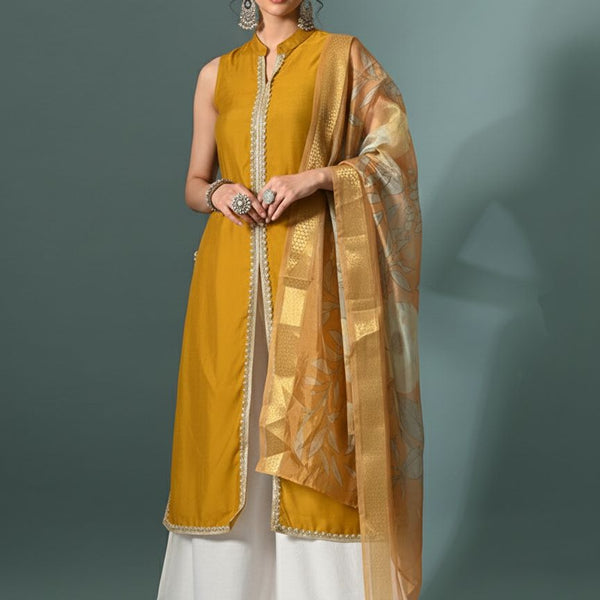 Myshka Women Yellow Sleeveless Kurta, White Palazzo with Printed Organza Dupatta - Distacart