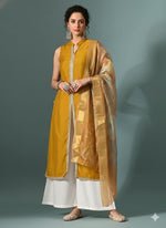 Thumbnail for Myshka Women Yellow Sleeveless Kurta, White Palazzo with Printed Organza Dupatta - Distacart