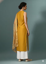 Thumbnail for Myshka Women Yellow Sleeveless Kurta, White Palazzo with Printed Organza Dupatta - Distacart